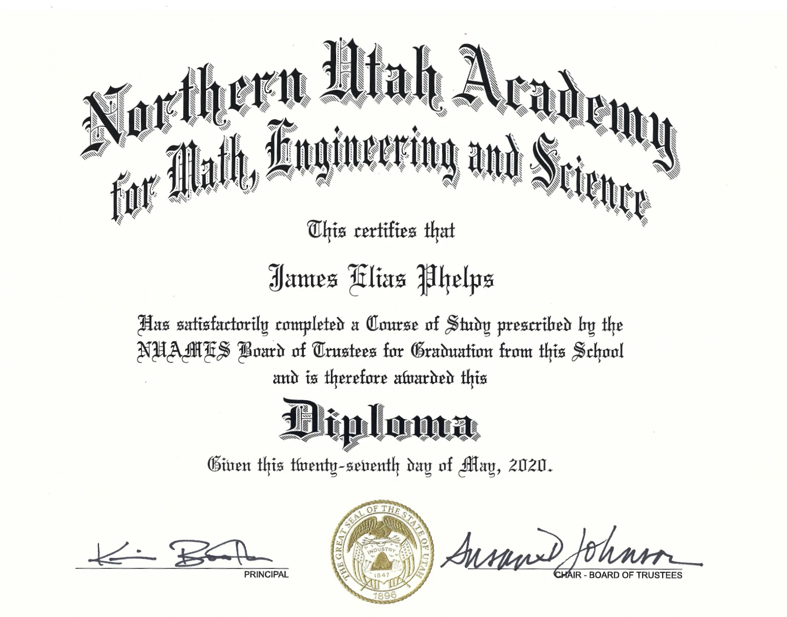 James's diploma from NUAMES high school