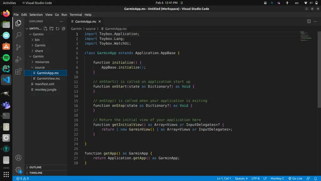 VSCode open to GarminApp.mc