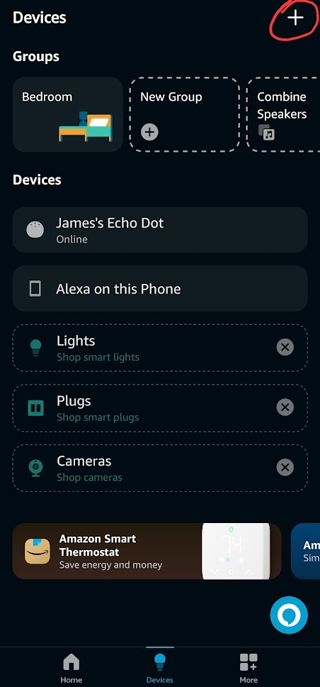 The Alexa app with the plus icon circled