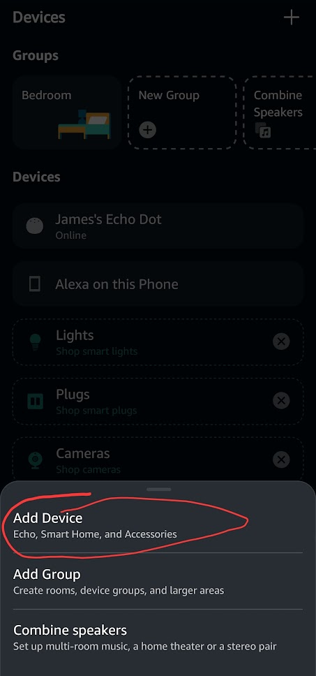 The Alexa app with Add Device circled