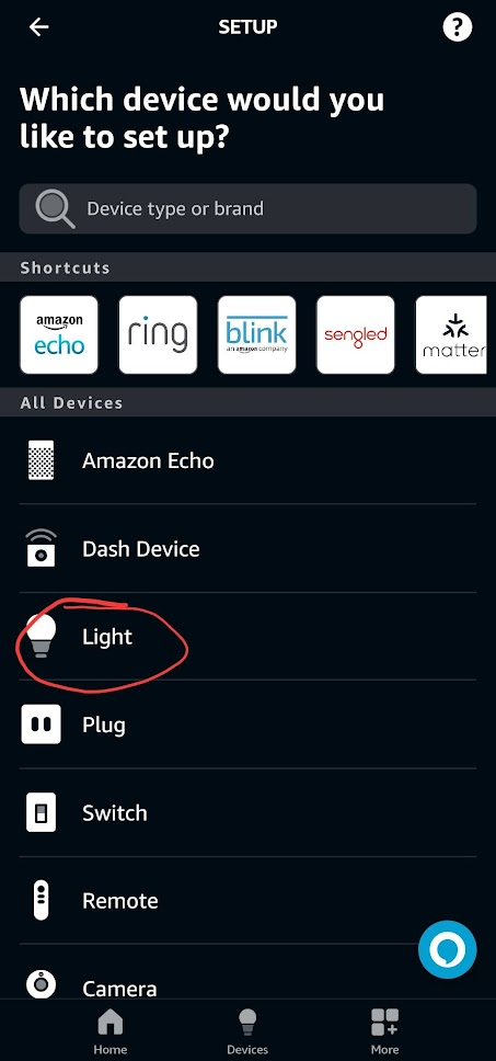 The Alexa app with light circled