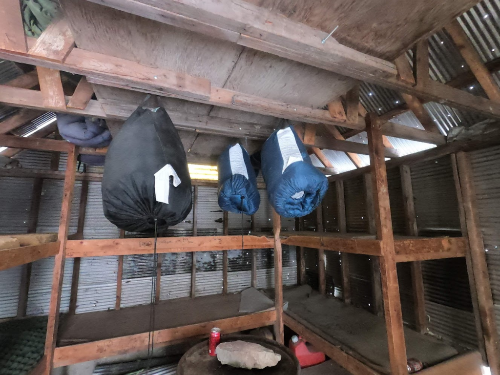Sleeping bags hanging in Holmes' cabin